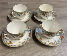 Empire Pottery England Tea Cups & Saucers X 4 Floral & Gold Trim Decoration Flaw