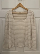 Loft Womens L White Gold Casual Top Pleated Shoulders Excellent Condition