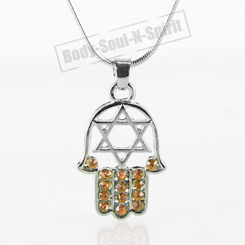 Orange HAMSA "Star of David" Necklace Crystals silver Tone Amulet Pendant Jewish - Picture 12 of 12
