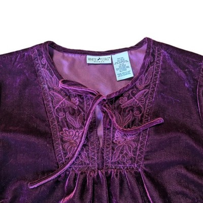 Vintage White Stag Burgundy Velvet Peasant Blouse Embroidered Boho Cottagecore