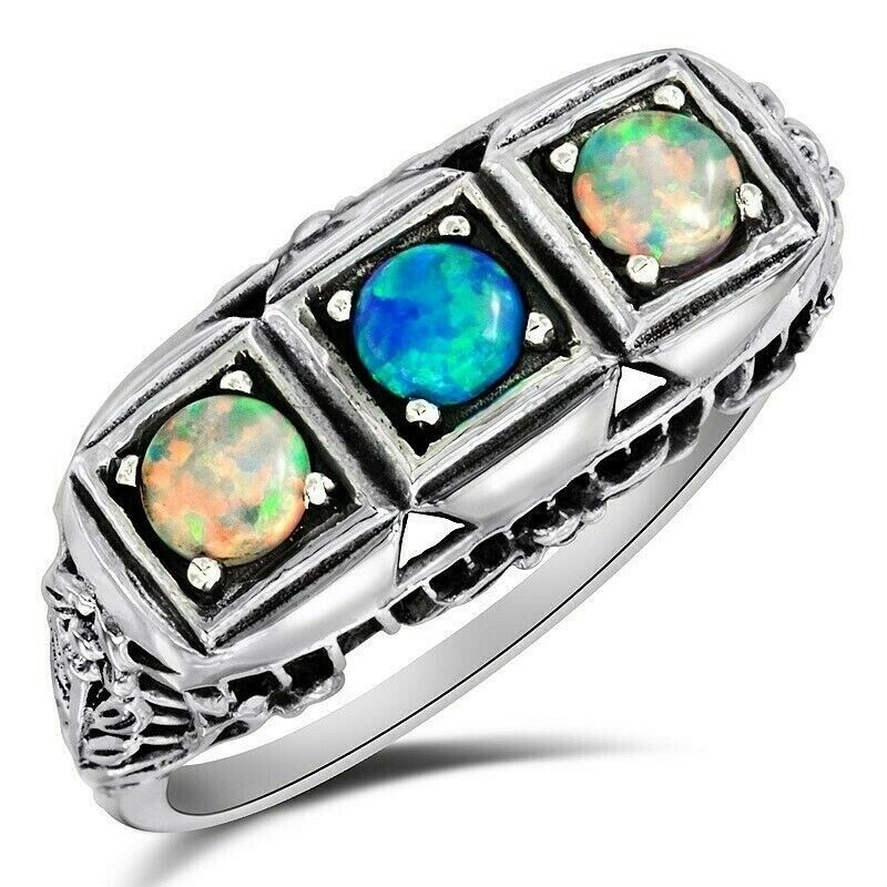 2CT  Blue Fire Opal 925 Sterling Silver Filigree Ring Sz 7 F5-1