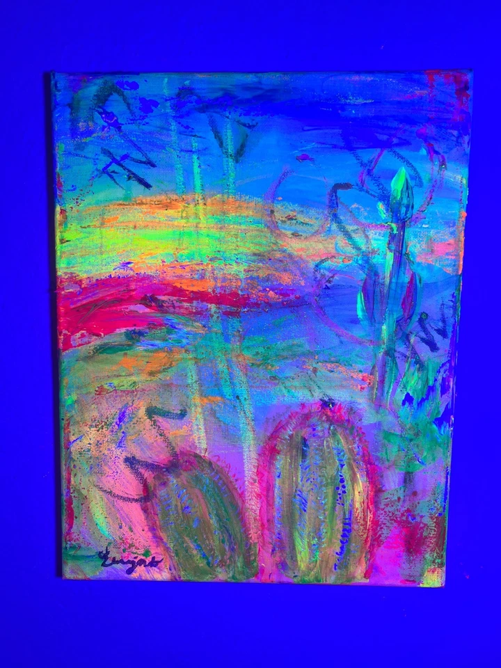 瓜哈多原版表现主义霓虹沙漠仙人掌 14X11 帆布签名艺术 — 第 3/4 张图片