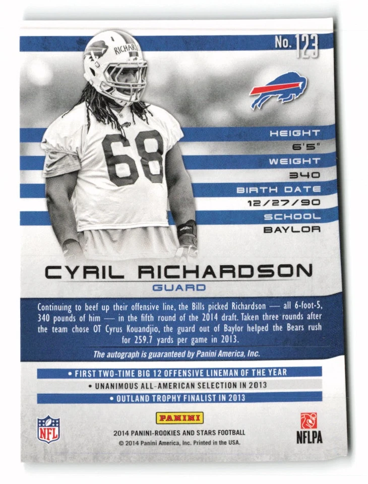 2014 Panini Rookies & Stars Longevity #123 Cyril Richardson Buffalo Bills - Image 2 of 2