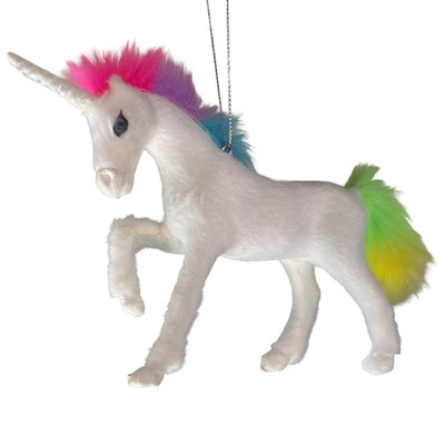 Kurt Adler Furry White Unicorn Christmas Ornament Rain Mane Tail 6 x 4'' Plastic