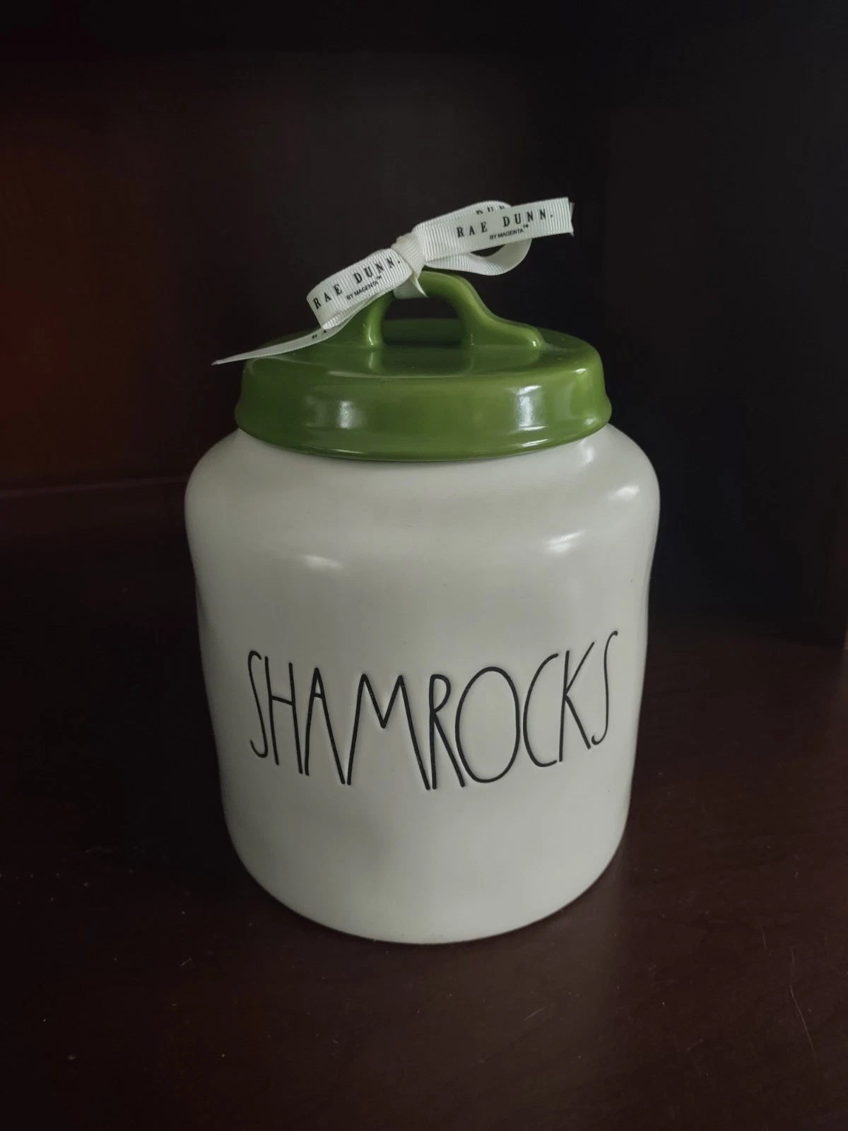 Rae Dunn SHAMROCKS Chubby Canister With Lid St. Patrick’s Day Irish White Green