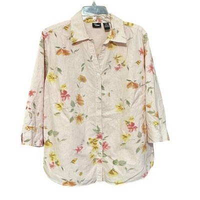 Ms Lee Women's 2X Pink Striped Floral Print Collared Button Up Shirt Top Coastal