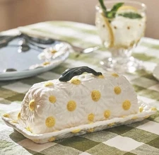 ANTHROPOLOGIE Foster Icon Stoneware BUTTER DISH 2 PC DAISY Love Floral Boho Dish