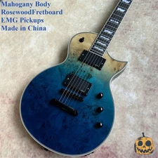 Fast Ship: Premium Custom ESP Electric Guitar Nature Burl Burst Dreamy Blue. 