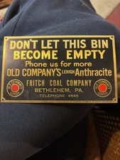 Antique Unused Brass Coal Plate Fritch  coal company Bethlehem Pa