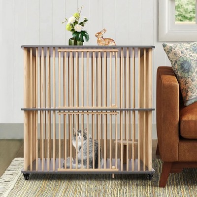 2 Tiers Wooden Cat House With Wheels 44'' Tall Indoor Cat Villa For Multiple Cat