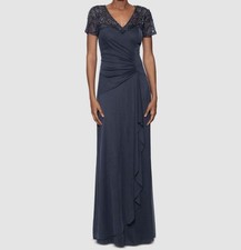 Xscape Women's Blue Sequin V-Neck Mesh-Sleeve A-Line Dress Size 6