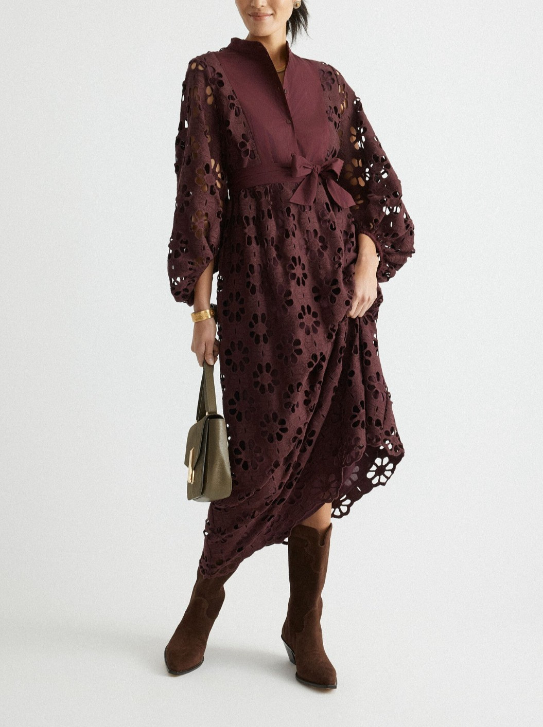 NUEVO CON ETIQUETAS $378 Maxi Vestido Tuckernuck Merlot Encaje Calliope Cinturón L