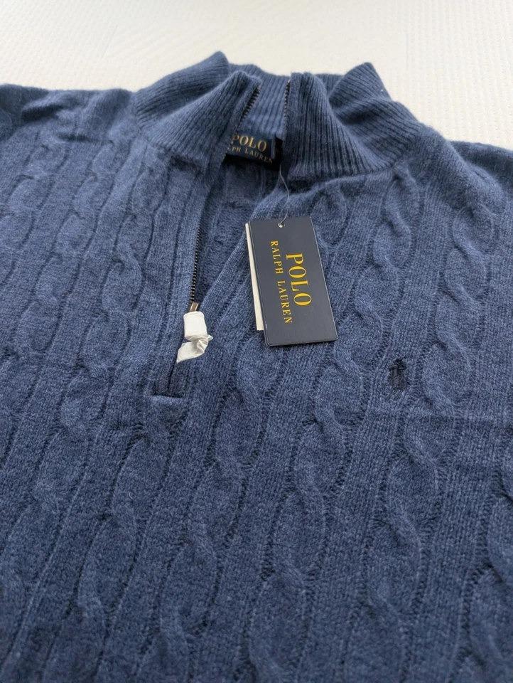 Nuevo con etiquetas Polo Ralph Lauren Azul Marino Tejido con Cable Suéter Lana Cachemira 1/4 Cremallera Clásico XL Foto 2 de 4