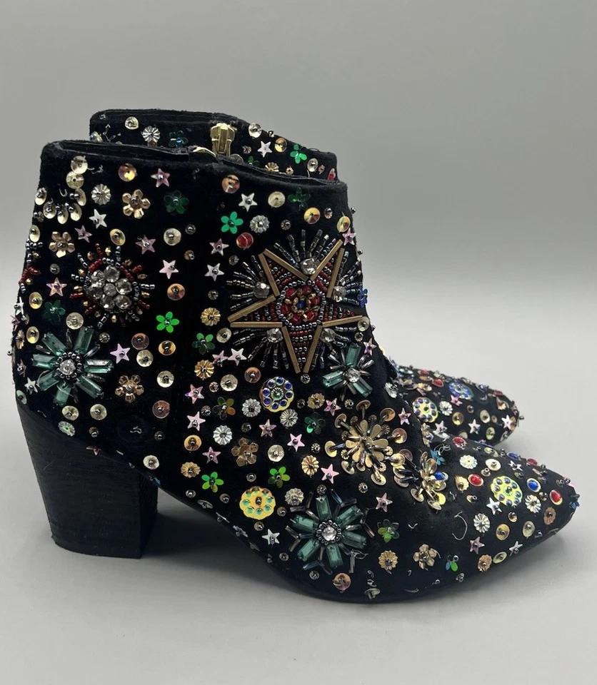 Free People 38 US 7.5 Suede Night Out Booties Sequin Star Bedazzled Please Read - Image 2 of 4