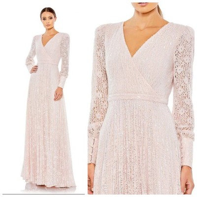 Mac Duggal Blush Light Rose Pink 20 Dress 9367 Beaded Lace Long Sleeve Wrap Gown