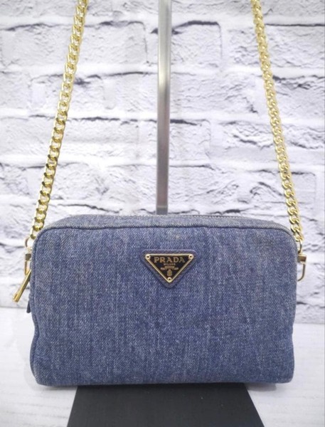 PRADA Crossbody bag Camera bag Indigo Blue Denim Gold chain Logo plate Handbag