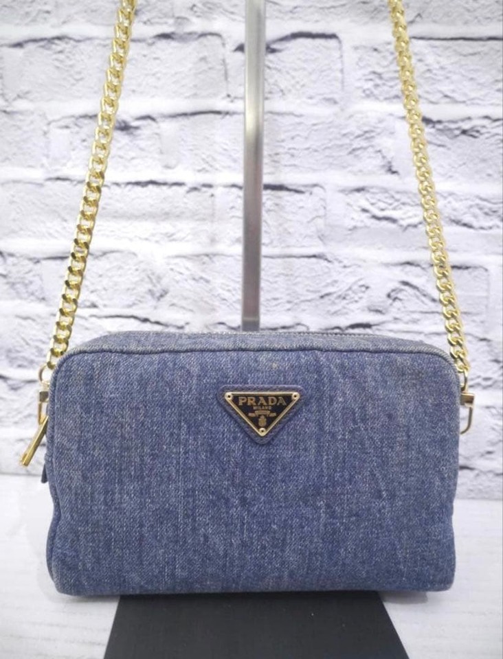 PRADA Crossbody bag Camera bag Indigo Blue Denim Gold chain Logo plate Handbag