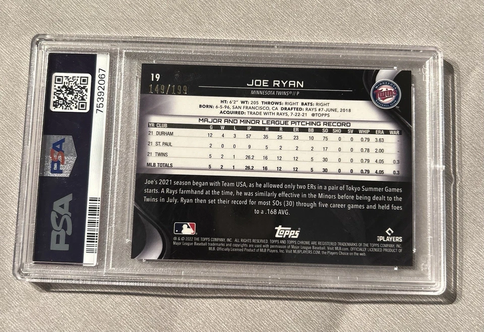 2022 Topps Chrome Black Joe Ryan RC #19 Refractor /199 PSA 9 Mint Twins Rookie - Image 2 of 2