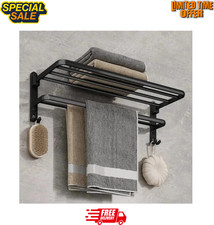 Double Tier Towel Rail Holder Wall Mounted Bathroom Rack Shelf With Hook Folding