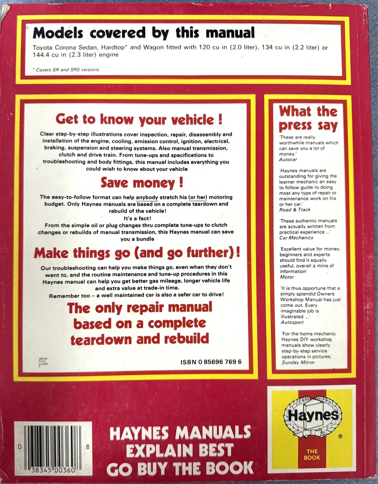 Manuale Di Riparazione Haynes Per Proprietari Toyota Corona 1974-1982 - Immagine 2 di 4