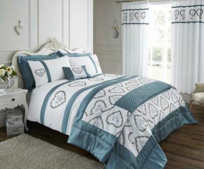 Coloroll White Blue Heart Embroidered Panel Double Size Duvet Bedding ...