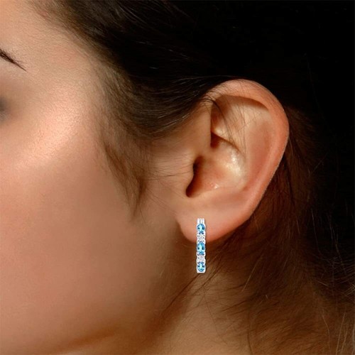 Hoop Earrings Oval Cut Simulated Aquamarine & Round Cut CZ 925 Sterling Silver - Picture 3 of 6