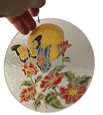 Sun Catcher Stained Glass Painted Art Butterflies  Flowers Hanging Decor Round