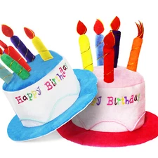 Blue Plush Happy Birthday Cake Hat - Unisex Adult Size Fancy Dress Party Hats