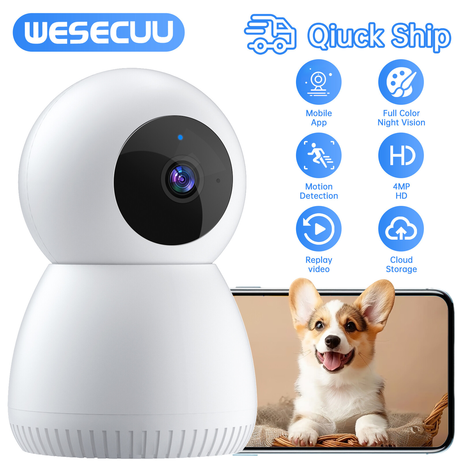 WESECUU Indoor Camera, 360 PTZ Pet Camera Dog Camera with Phone App, 2.4/5G WiFi-image