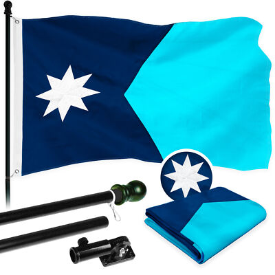 Combo: 6 FT Flagpole Black & Minnesota 2024 Eight Pointed Star Emb 300D 3x5FT