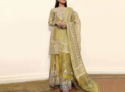 3-teiliges besticktes Masoori Kleid mit Spiegelarbeit und besticktem Organza Dupata