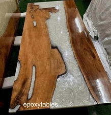 White Epoxy Resin Top Dining Table Handmade Wooden Furniture Live Edge Garden De