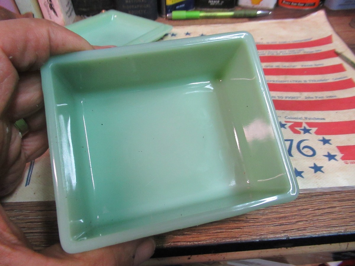 Vintage Fire King Jadeite Cigarette Trinket Box with Rose Lid