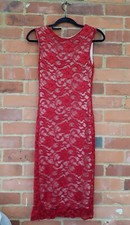 New Look Red Lace Gold Long Dress, Size 8 Evening Party Xmas Special Occasion 