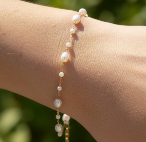 Elegant Pearl Beaded Gold Color Plated Bracelet Minimalist Brass Chain Bracelet