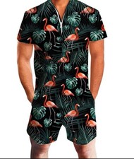 AIDEAONE Mens Casual 3D Printed Short Sleeve Rompers Zip Jumpsuit with Pocket