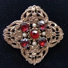 Vintage Costume Jewelry Gold-Tone Red Rhinestones & Faux Pearls Brooch Pin