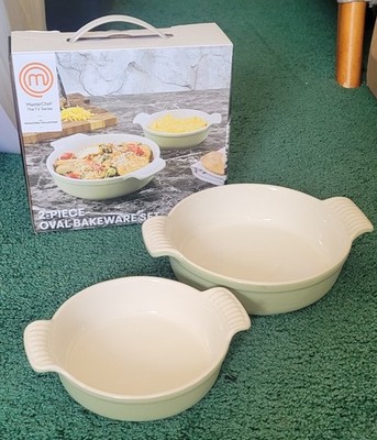 MasterChef 2-Piece Oval Ceramic Bakeware Set Cream & Light Green Easy to Clean