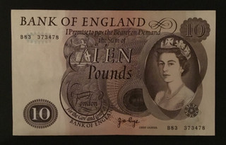 Banknote Of England Ten Pounds. JB. Page. B83. Extremely Fine Condition.