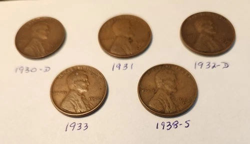 Lot Of 5 1930s Lincoln Wheat Cent Penny Very Fine