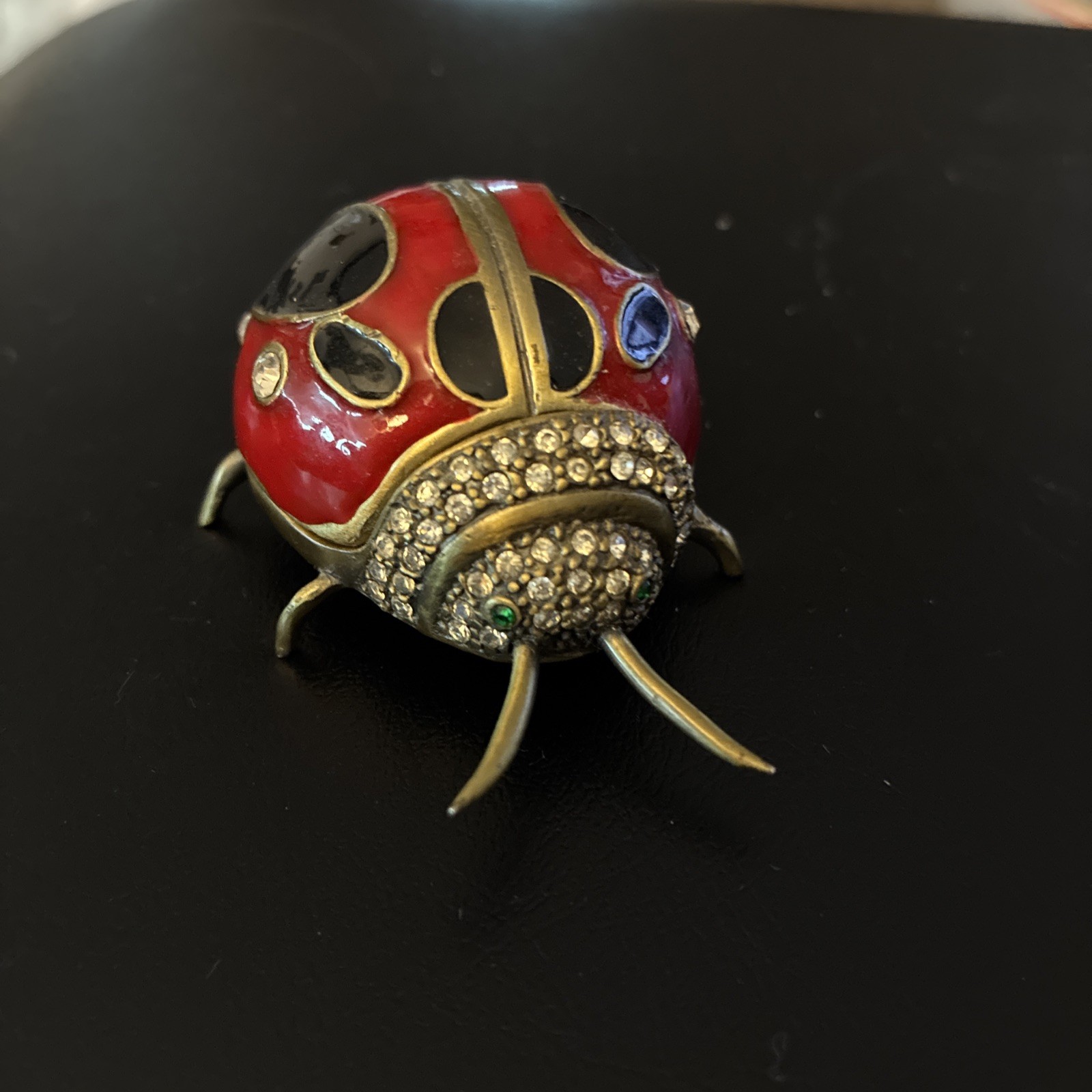 Vintage Milson & Louis Ladybug Trinket Treasure Pill Box Enamel Jeweled Hinged