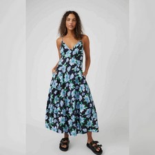 Free People Finer Things Printed Midi Dress Black And Blue Floral Women's Medium