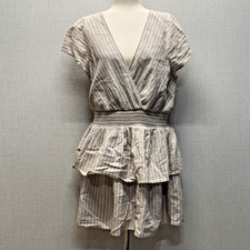 American Eagle Linen Blend Striped Smocked Tiered Mini Dress Tan White XL NEW