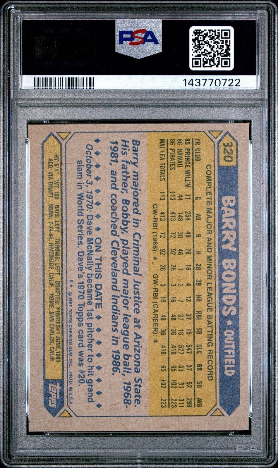 1987 Topps - Barry Bonds #320 (RC) PSA 8 view 2