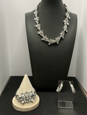 Clear Rhinestone Jewelry Set Necklace Floral Bracelet Hoop Earrings Silver Tone