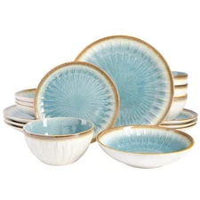 Mayfair Bay 16-Piece Embossed Double Bowl Dinnerware Set, Service for 4 – Blu...