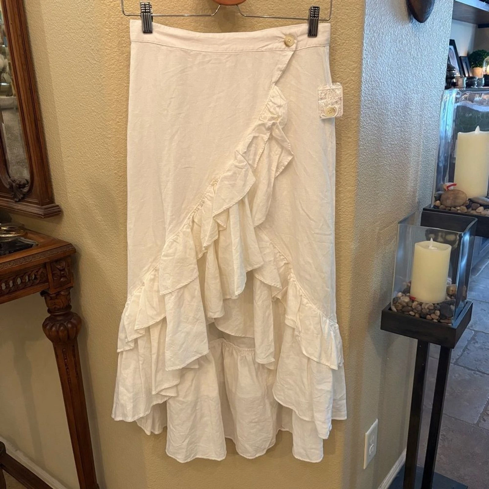 NWT~FREE PEOPLE Women White Linen Blend Ruffle Wrap Skirt Size XS
