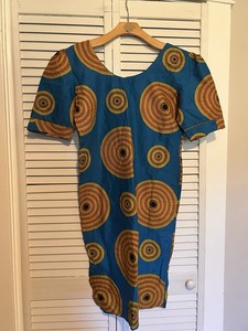 NIGERIAN AFRICAN Women’s Dress Size Small S Handmade Short Sleeve Blue Circles