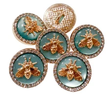 6PC Blue Bee Rhinestone Gold Metal Shank Buttons Jacket Blazer Crafts 18mm