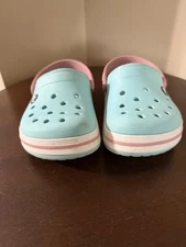 Kids Girls Crocs Crocband Clogs Ice Blue Pink White Sz J1 Pre Owned Excellent